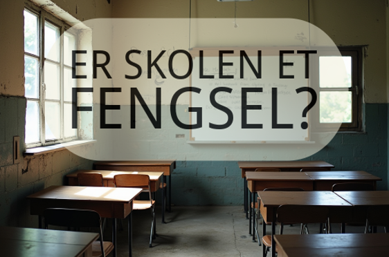 et klasserom med pulter og et skilt