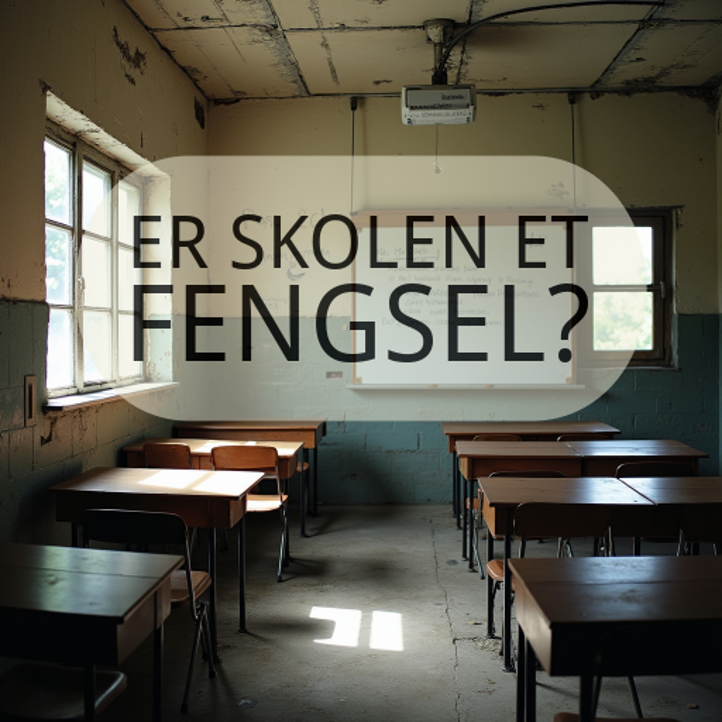 et klasserom med pulter og et skilt